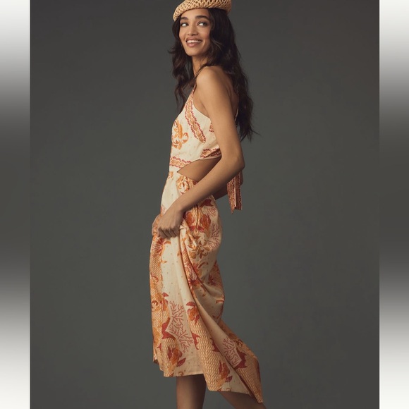 Farm Rio Halter Cutout Dress Anthropologie Scarf Beach Starfish Peach XL NWT - Picture 4 of 8